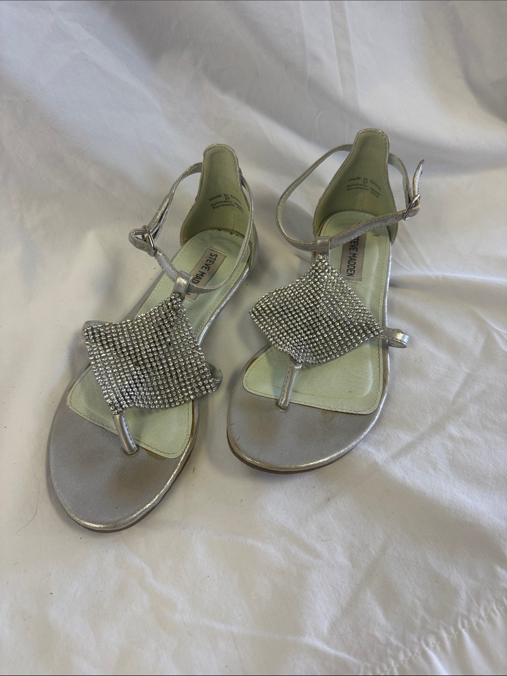 Steve Madden Silver Crystal T-Strap Flat Sandals